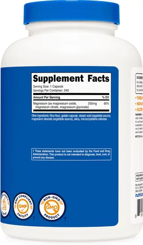 Miniatura 5 de Nutricost Complejo de Magnesio 250mg, 240 cápsulas – Óxido de magnesio, citrato y glicinato – Sin gluten y sin OGM