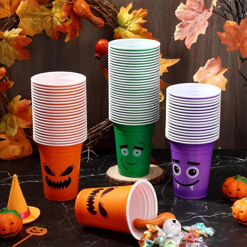 Miniatura 4 de Dandat 120 vasos de plástico desechables para fiesta de Halloween de 12 onzas, tazas de calavera de calabaza para Halloween, suministros de fiesta