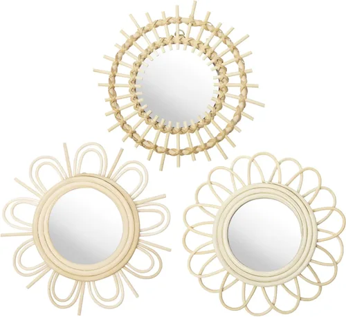 Briful Espejos de Pared Decorativos Beige Juego de 3 Espejos de Pared Redondos de Madera Montados en Pared Espejos Sunburst Colgantes Arte de Pared