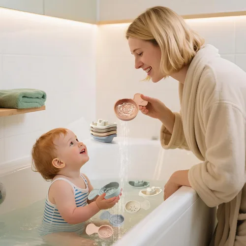 Miniatura 8 de Juguetes de baño para bebés, 11 piezas Juguetes de baño sin molde para niños pequeños con barquitos de baño Cucharas de baño educativas
