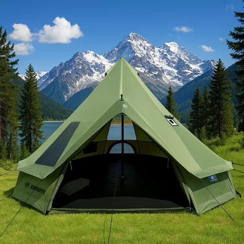 Miniatura 11 de Tienda de campaña Bell Yurt con gato de estufa, tienda de campaña de lujo impermeable para 4 estaciones, tela Oxford 420D, tiendas de campaña verde