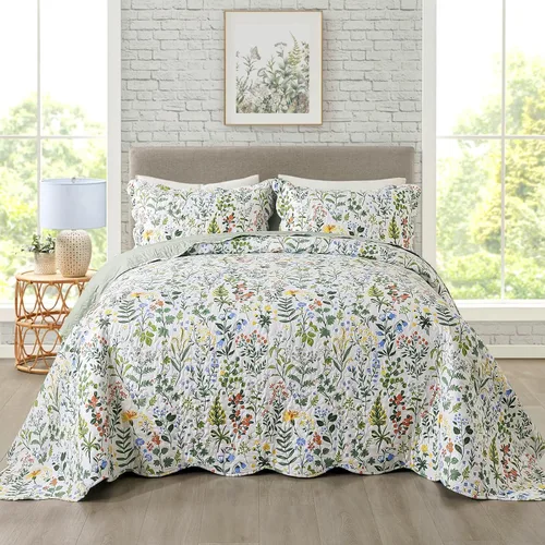 Miniatura 16 de Travan Juego de Edredón de 3 Piezas Tamaño King Colcha Acolchada Ligera Juego de Cubrecama Reversible con Estampado Floral Juego de Ropa de Cama