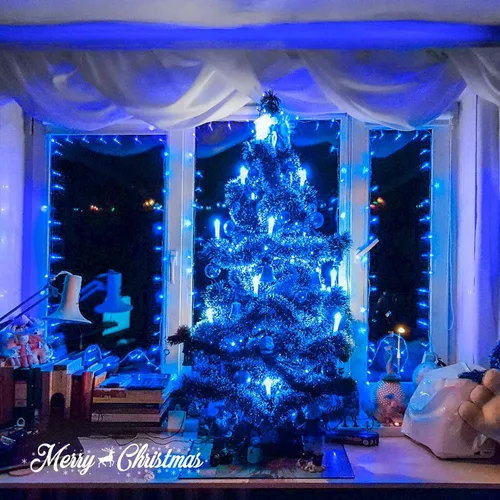 Miniatura 6 de JMEXSUSS 150 luces LED azules de Navidad para interiores y exteriores, luces de cadena conectables de 59 pies con enchufe, 8 modos de luces de hadas