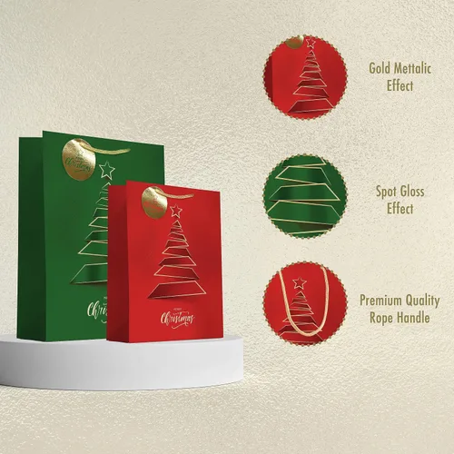 Miniatura 3 de easykart labels 12 bolsas de regalo de Navidad, rojo y verde metálico y acabado de textura con árbol de Navidad dorado y brillante, varios tamaños