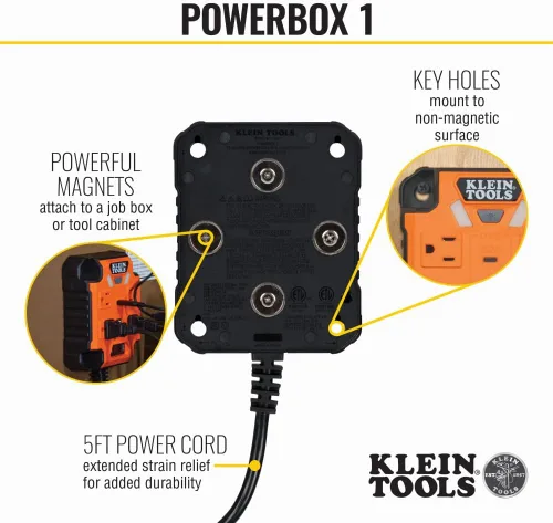 Miniatura 3 de Klein Tools 29601 Regleta magnética con protector de sobretensión, cable de extensión, 4 tomacorrientes, 3 puertos USB, cable de 5 pies, caja