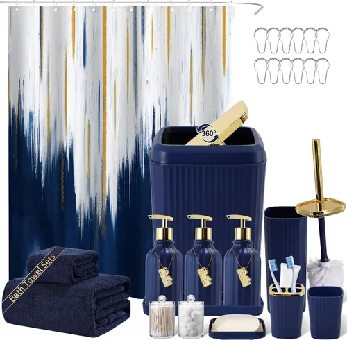 Miniatura 42 de 21PCS Bathroom Sets with Shower Curtain and Rugs Bathroom Accessories Set Beige Bathroom Set Complete with Trash Can, Toilet Brush, Qtip Holder &