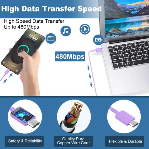 Miniatura 6 de Cable de carga súper rápida de 25W Tipo C con bloque y cable cargador USB C de 10 pies para teléfono Android Samsung Galaxy S25/S24 Púrpura
