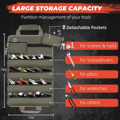 Miniatura 2 de Veitorld - Bolsa enrollable de herramientas resistente con compartimentos desmontables, organizador portátil para electricistas, carpinteros