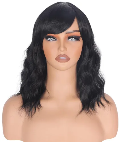 Miniatura 2 de Pelucas Bob Onduladas Negras Naturales a la Altura del Hombro Para Mujeres Pelucas Cortas Onduladas Con Flequillo Pelucas Sintéticas Onduladas