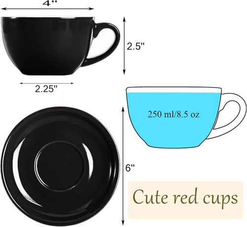 Miniatura 2 de Yesland Paquete de 2 tazas y platillo de café de cerámica de 8.5 onzas, tazas de capuchino negro brillante para cafetería y barista, perfectas