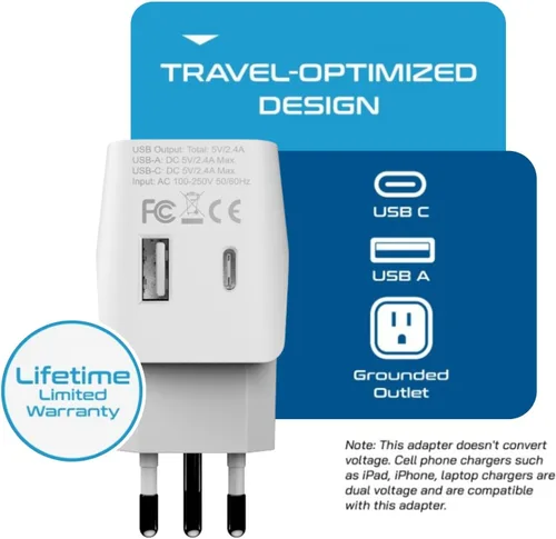 Miniatura 6 de Adaptador de viaje Ceptics, de EE. UU. a Japón, Filipinas, con doble USB, tipo A, ultra compacto Tipo L - Italia