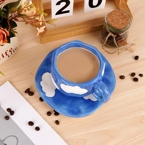 Miniatura 6 de Juego de taza de café y platillo de cerámica, cerámica hecha a mano de 10 onzas con patrón de nube blanca, pequeña taza de regalo para expreso, Azul
