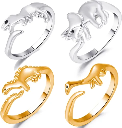 INENIMARTJ Juego de 4 anillos de dinosaurio, oro y plata, bonitos anillos ajustables abiertos para adolescentes, niños y niñas, anillo de dinosaurio