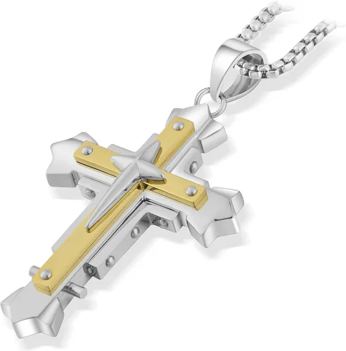 Collar con colgante de cruz de Jesucristo grande de acero inoxidable, joyería religiosa para hombres, cadena de 24 pulgadas, color plataoronegro