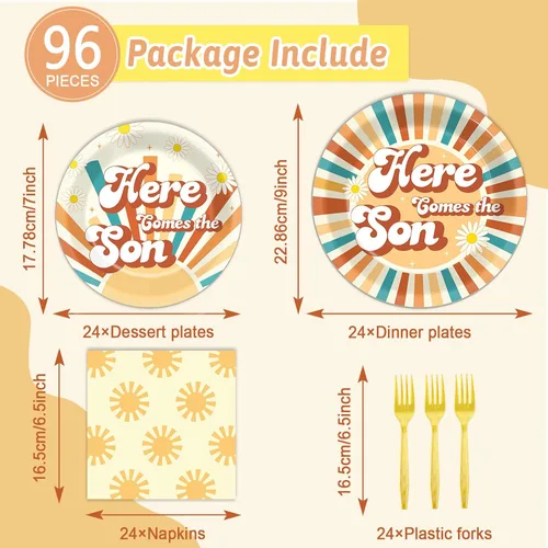 Miniatura 2 de ZOIIWA 96 piezas Aquí viene el hijo Decoraciones para baby shower Aquí viene el hijo Platos de papel, servilletas, tenedores Boho Sol Menaje
