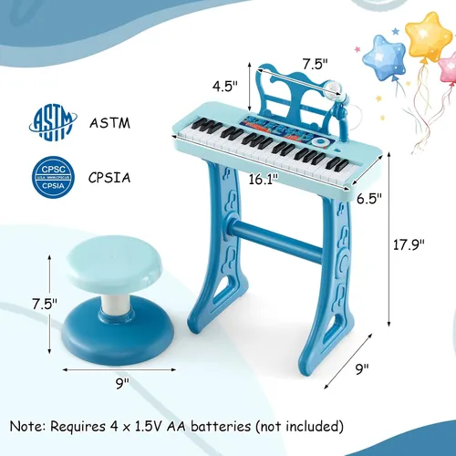 Miniatura 4 de HONEY JOY Piano para niños, piano de teclado azul de 37 teclas para niños con soporte de música y banco, piano de cola de bebé de juguete