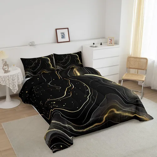 Miniatura 2 de Erosebridal Juego de edredón de mármol negro y dorado tamaño Queen, juego de ropa de cama con purpurina, líneas blancas y doradas con textura Marble