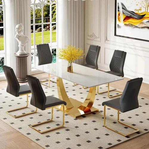 Miniatura 34 de Juego de mesa de comedor para 4, mesa de comedor de mármol sintético de 63 pulgadas con patas y base de acero inoxidable, sillas acolchadas