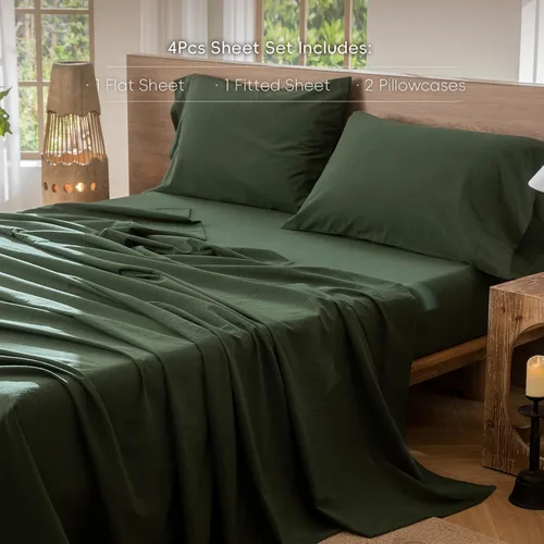 Miniatura 2 de MooMee Juego de sábanas 100% algodón lavado con textura parecida al lino transpirable duradero suave cómodo (verde bosque sólido, Queen)