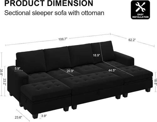 Miniatura 2 de Belffin Sofá cama modular convertible de terciopelo de 4 asientos con diván reversible, sofá cama seccional con almacenamiento otomano seccional
