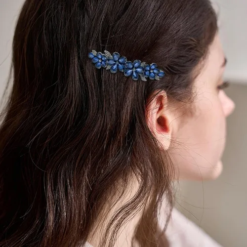 Miniatura 7 de 2 pinzas para el cabello con diamantes de imitación de cristal brillante, pasador francés de flores azules, horquilla floral para novia, boda