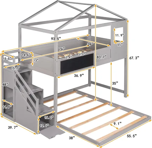 Miniatura 2 de Cama litera con escalera en forma de casa con escalera con almacenamiento y ventana para niños o niñas, no se necesita somier