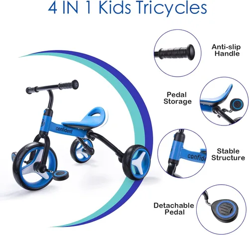 Miniatura 6 de YGJT Triciclo 4 en 1 para niños pequeños de 2 a 5 años, triciclos plegables para niños pequeños con asiento ajustable y pedal extraíble, juguetes