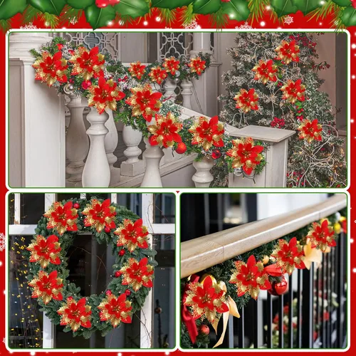 Miniatura 4 de Lyrow 60 flores de Pascua con purpurina de 6 pulgadas con clips y tallos, adornos para árbol de Navidad, flores de pascua artificiales para Navidad