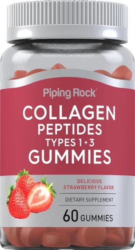 Piping Rock Gomitas de colágeno | 60 unidades | Péptidos de colágeno tipo 1 y 3 | Sabor a fresa | Suplemento bovino | Sin OMG, sin gluten