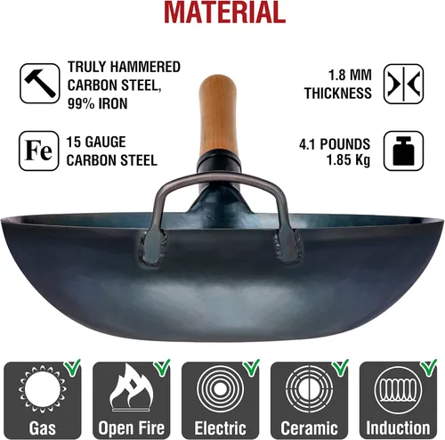Miniatura 5 de YOSUKATA Wok Pan de acero al carbono azul de 13.5 pulgadas + cubierta de wok de primera calidad con tapa de sartén de 13.5 pulgadas