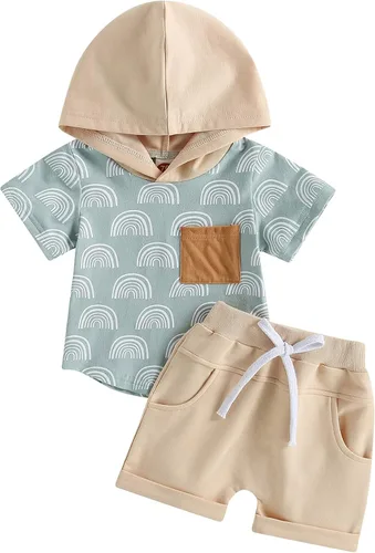 Ropa de verano para bebé niño, bloque de color, manga corta, sudadera con capucha, camiseta y pantalones cortos sólidos para correr, conjunto de 2