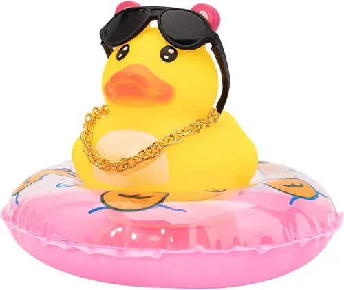 Miniatura 8 de wonuu Adorno de pato de goma para automóvil, accesorios de decoración de tablero de instrumentos con mini collar de anillo de natación y gafas de sol