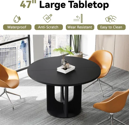 Miniatura 3 de weselon - Mesa de comedor redonda rústica con estrías para 4, mesa de cocina circular de 47 pulgadas con base de pedestal de madera, mesas de cena