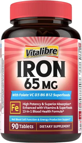 Miniatura 10 de Vitalibre Suplemento de hierro para mujeres y hombres, 65 mg, sulfato ferroso, vitamina C, D3, B6, B12, folato, raíz de remolacha, espinacas