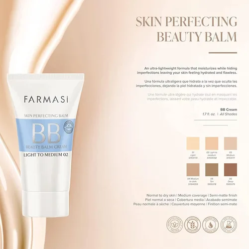 Miniatura 8 de FARMASi BB Cream Beauty Balm, hidratante tintado con SPF 15, acabado mate ligero, maquillaje facial de cobertura construible, 1.7 onzas líquidas, 01