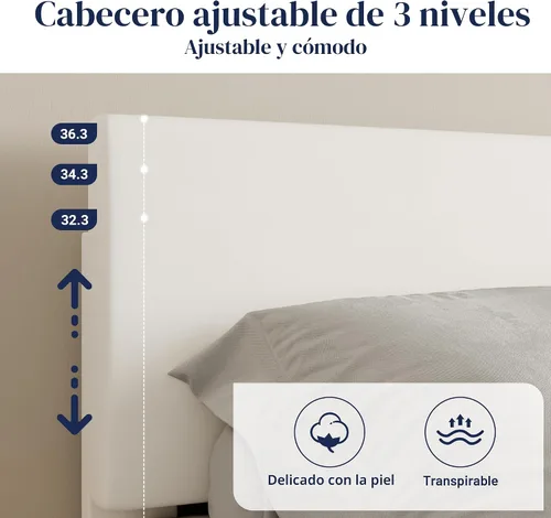 Miniatura 4 de Allewie - Base de cama tamaño queen con cabecera ajustable, cama de plataforma de piel sintética con listones de madera, base de colchón resistente