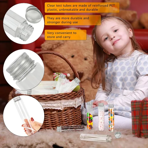 Miniatura 3 de 50 tubos de ensayo de plástico con tapón de rosca, tubos de ensayo transparentes de 3.7 fl oz con tapa, tubo de ensayo transparente de fondo plano