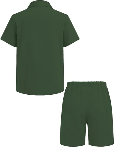 Miniatura 2 de COOFANDY Conjunto de camisa y pantalones cortos de algodón de manga corta con botones para niño de 2 piezas