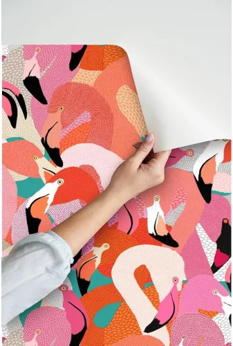 Miniatura 3 de Spoonflower Despegar y pegar muestra de papel tapiz - Naranja Rosa Grande Flamenco Pájaro Plumas Tropical Florida Coastal Collage Ilustración Casa