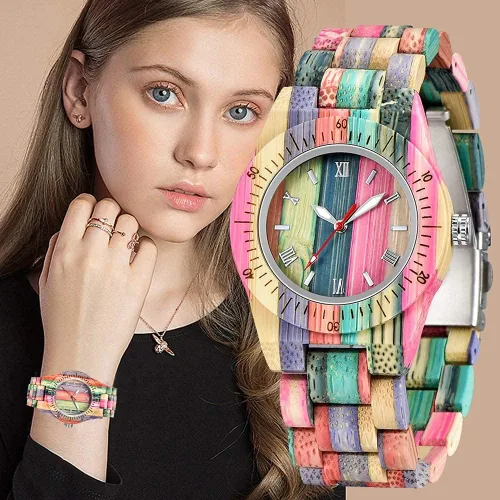 Miniatura 2 de Tiong Reloj de madera para mujer con correa de madera, cuarzo analógico, diseño clásico, colorido reloj de pulsera de bambú para damas, parejas..