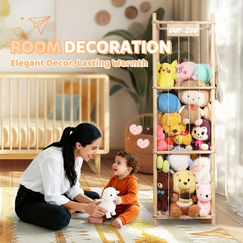 Miniatura 7 de Organizador de almacenamiento de animales de peluche, soporte grande de madera para juguetes de zoológico con bolsillos, peluches, almacenamiento