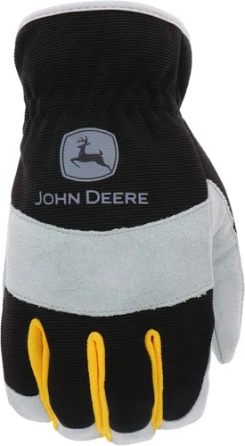 Miniatura 2 de John Deere Split Cowhide Palm Gloves – Yellow/Grey/Black, Large Spandex Back Gloves with Shirred Elastic Wrists