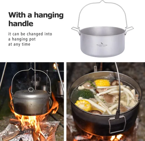 Miniatura 4 de iBasingo Juego de ollas de sopa de titanio con mango plegable para colgar, utensilios de cocina portátiles ligeros para 3-5 personas en camping