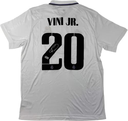 Camiseta de fútbol blanca Vini Vinicius Jr. del Real Madrid 2022-23 con Autógrafo y Firmado Beckett BAS COA
