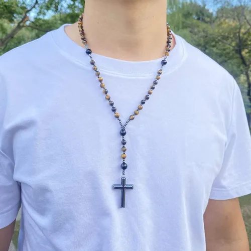 Miniatura 17 de Rosary for Men, Cross Necklace for Men, Tiger Eye Black Obsidian Rosary Beads for Women, Rosarios Catolicos