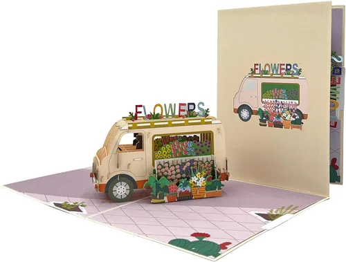 Miniatura 2 de Tarjeta de felicitación emergente con flores florecientes, furgonetas de aventura, vehículo floral, amante de la naturaleza, tema clásico
