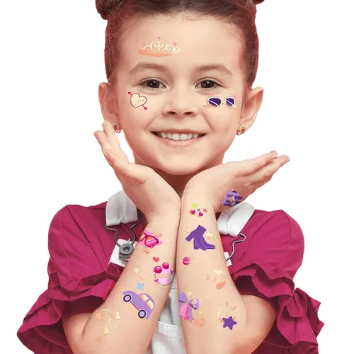 Miniatura 5 de Tatuajes Temporales Impermeables - 128 piezas de Tatuajes Falsos Groovy para Fiestas de Cumpleaños de Niñas, Princesas, Bolso Arcoíris, Zapatos