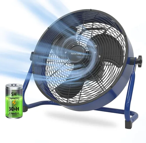 Ventilador de piso recargable de 12 velocidades con batería portátil inalámbrico de alta velocidad, salida USB para teléfono, para campamento, Azul