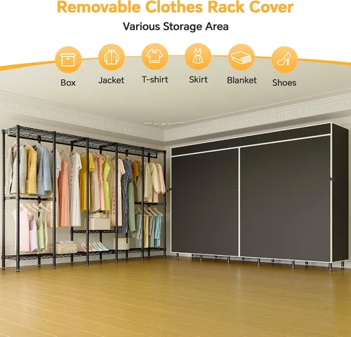 Miniatura 3 de Higeego Perchero de Ropa Resistente de 94.5" de Ancho con Cubierta, Perchero de Ropa H5C con Estantes Ajustables Armario Closet Independiente