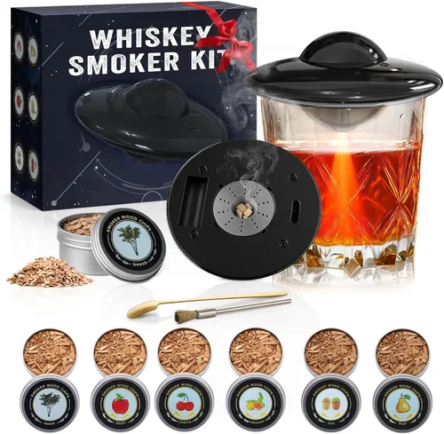 Kit de ahumador eléctrico de whisky, kit de ahumador de cóctel con encendedor integrado con 6 virutas de madera, kit de ahumador de whisky sin